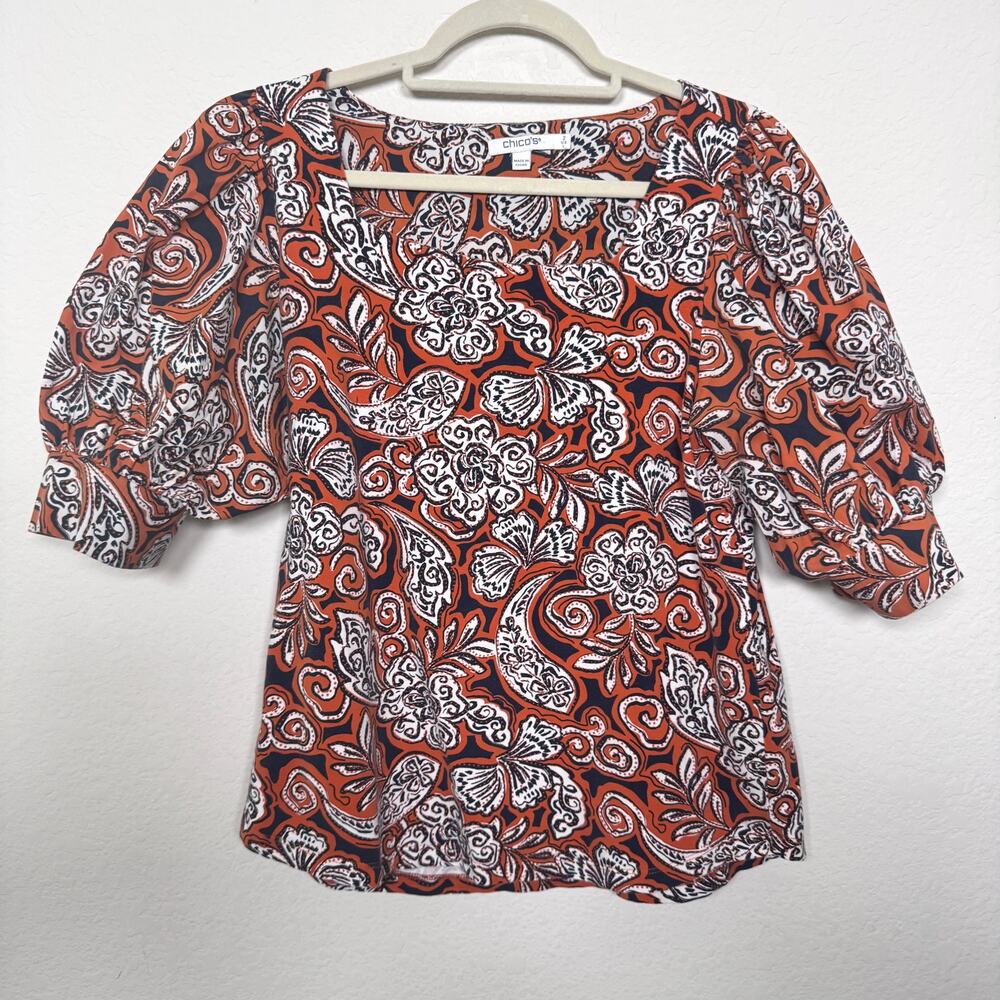 Chico's Womens Mixed Media Blouse Top Size L Floral Casual Square Neck Rust